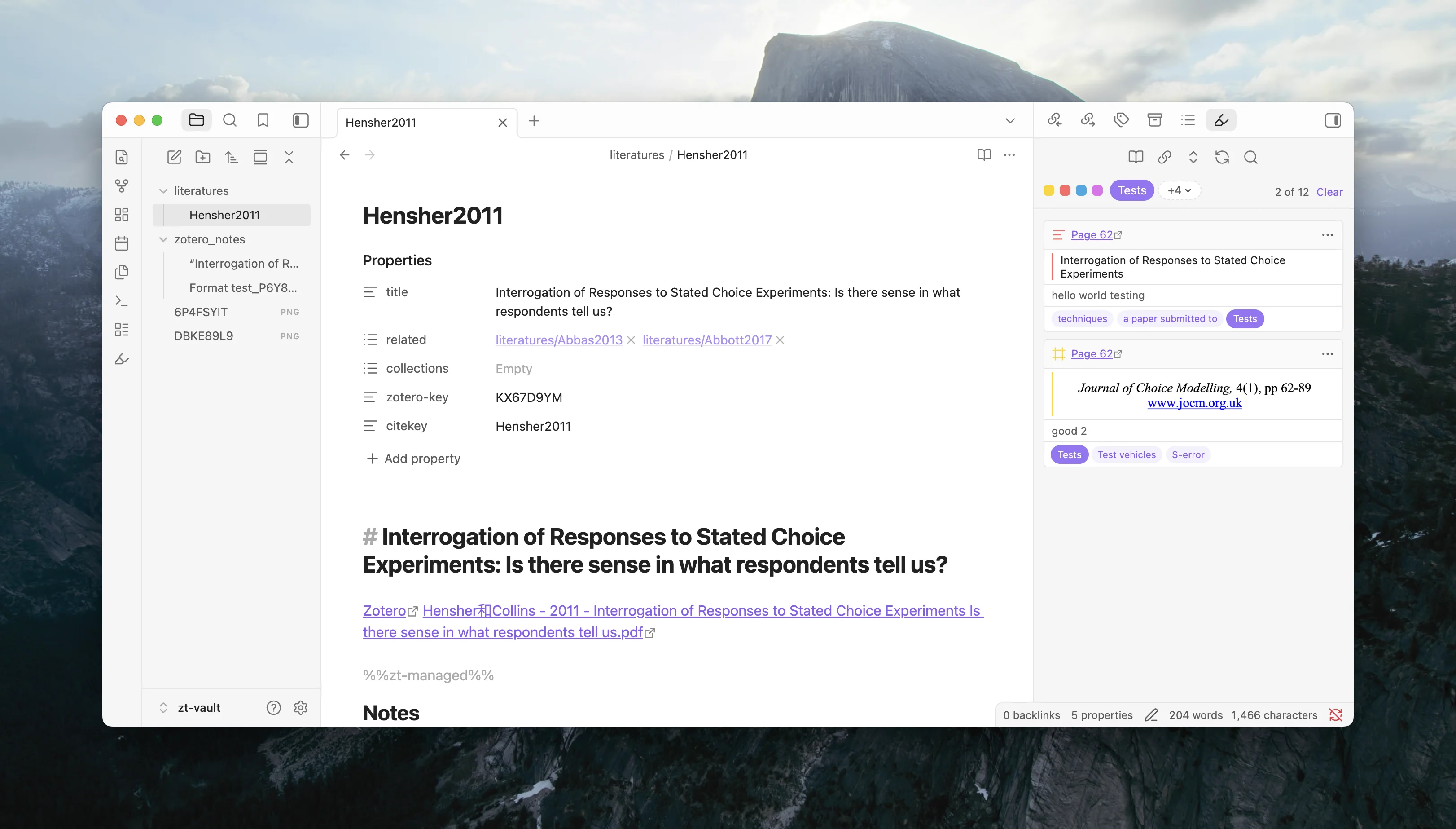 Literature note in Obsidian with the annotation view open, showing search, color and tag filters, and annotation cards for a Zotero item