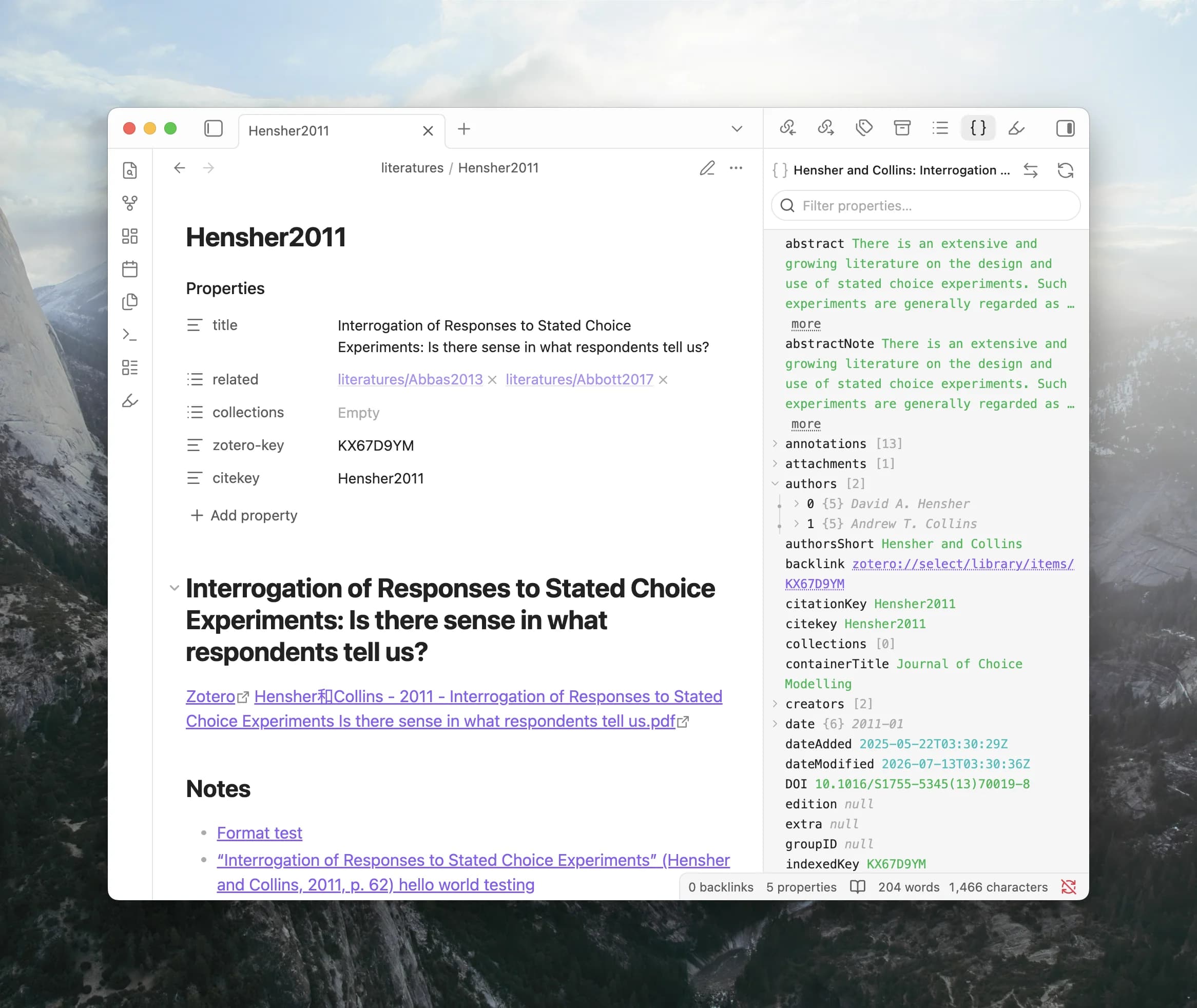 Template Data Explorer panel in Obsidian showing the typed properties available for a Zotero item