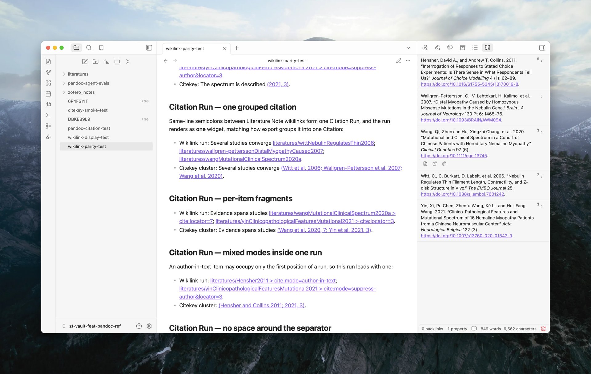 Wikilink citations to Literature Notes rendered as a formatted citation cluster in Live Preview, with the References Sidebar showing the matching bibliography entries