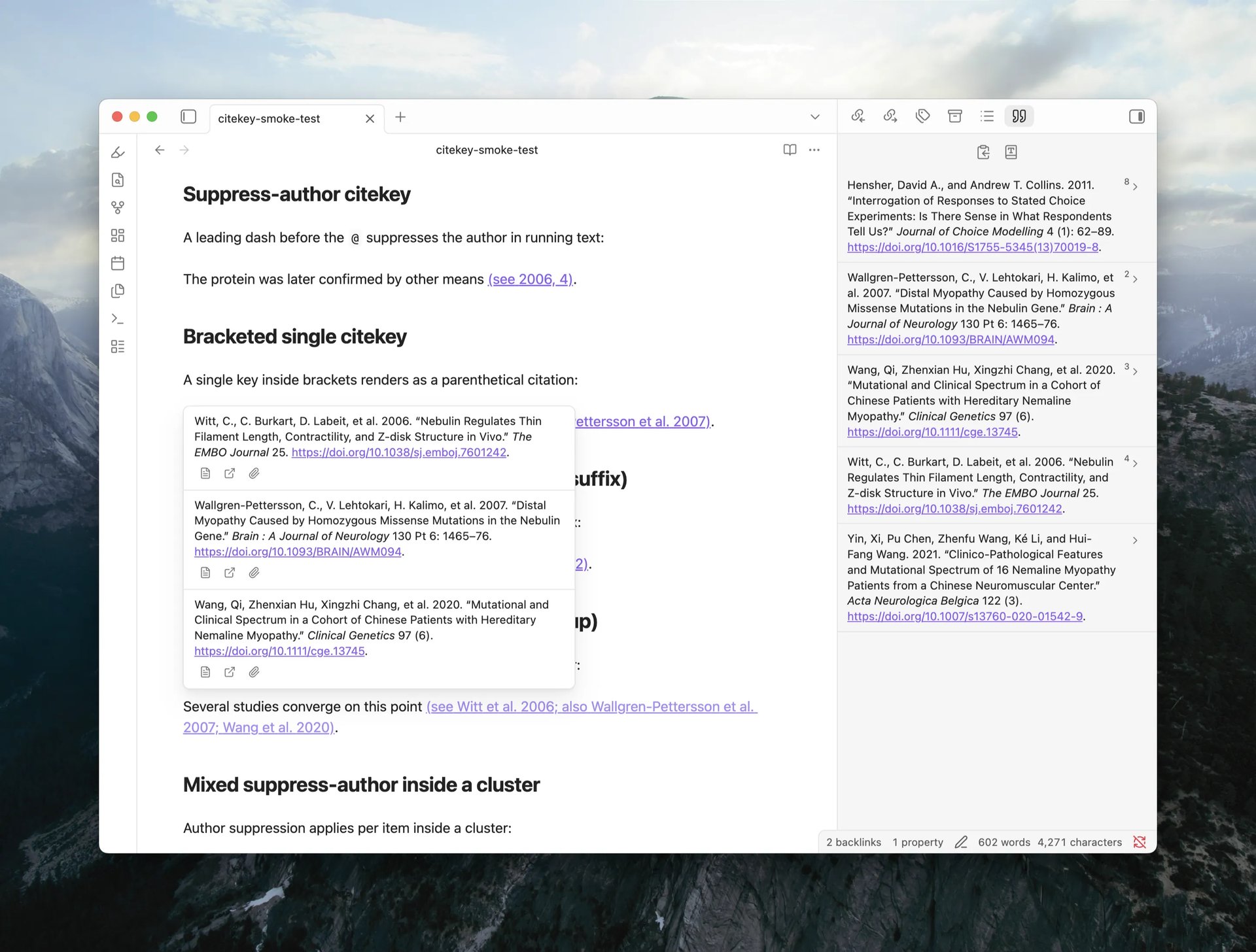 The Citation Popover showing three stacked bibliography entries with formatted text, DOI links, and action buttons for each cited item, beside the References Sidebar