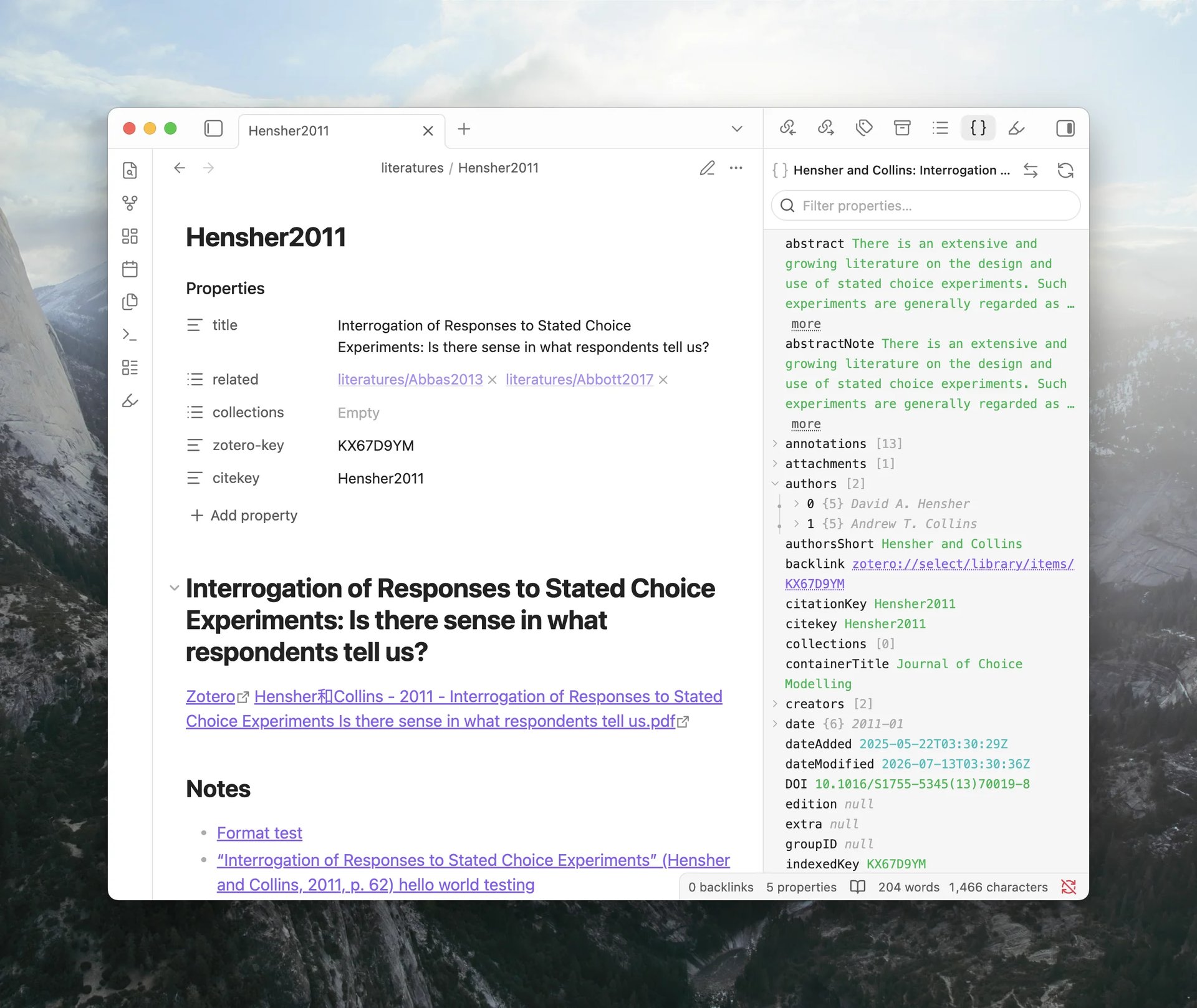 Template Data Explorer panel in Obsidian showing the typed properties available for a Zotero item